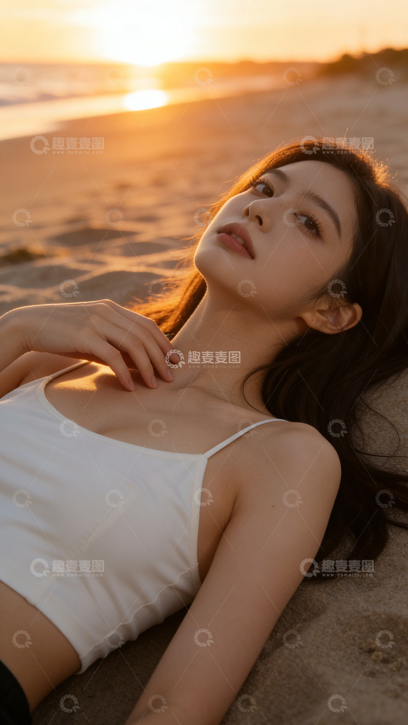 高清大图下载【趣麦麦图】海滩日落美女写真