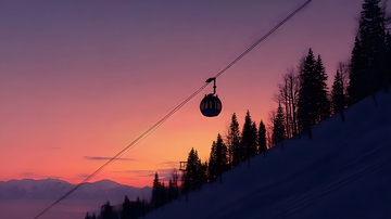 雪景缆车日落美景