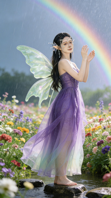 仙女雨中共舞彩虹仙境