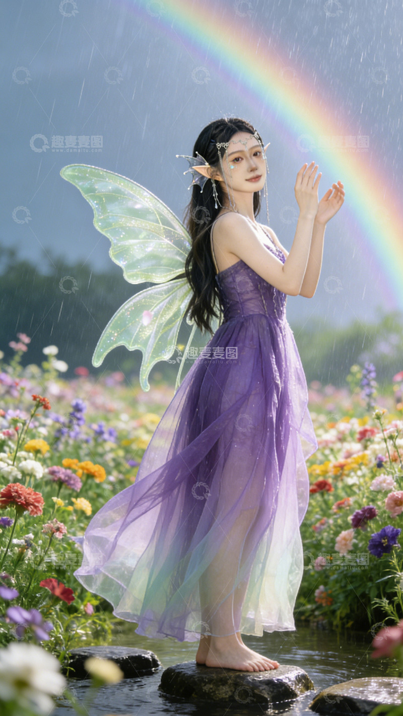高清大图下载【趣麦麦图】仙女雨中共舞彩虹仙境