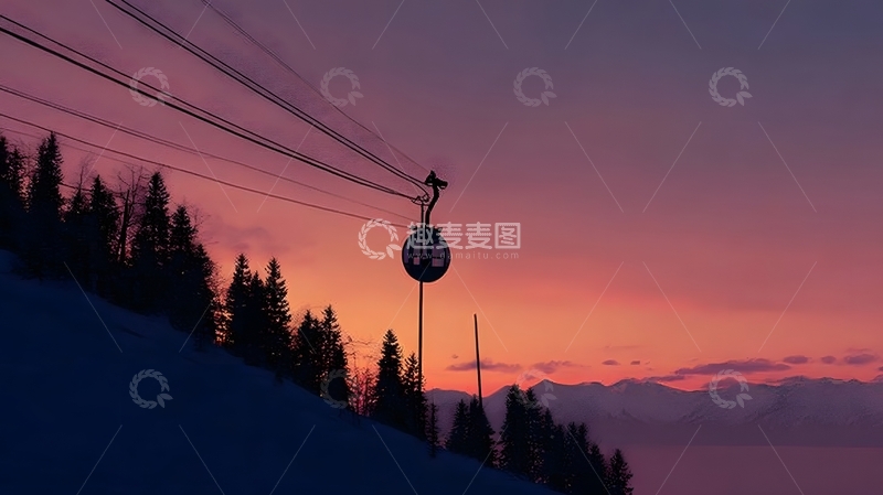 高清大图下载【趣麦麦图】雪山缆车晚霞景色