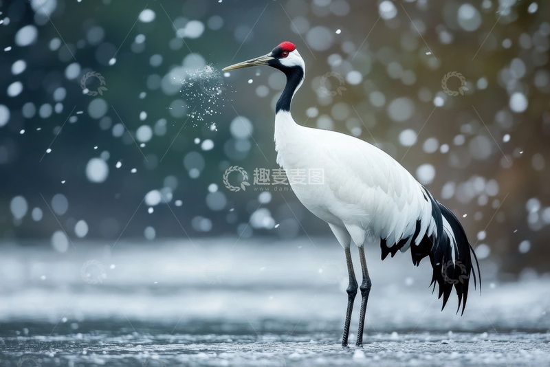 高清大图下载【趣麦麦图】冬季湖泊中站立的仙鹤