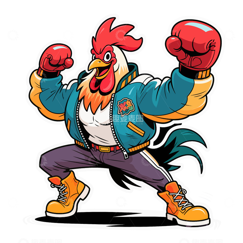源文件下载【趣麦麦图】卡通鸡拳击形象贴纸设计