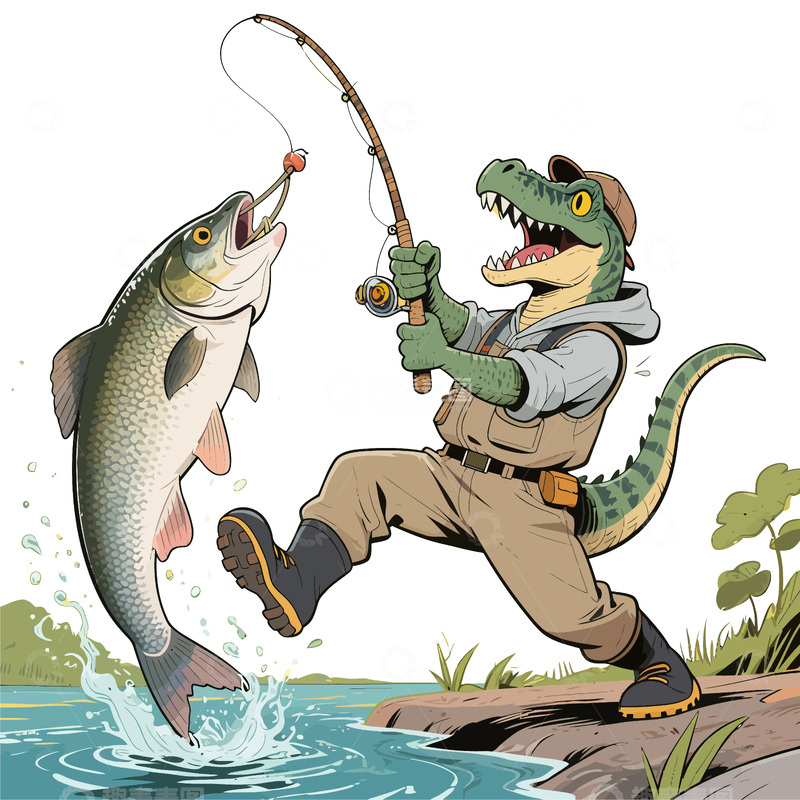 源文件下载【趣麦麦图】鳄鱼钓鱼卡通插画设计素材