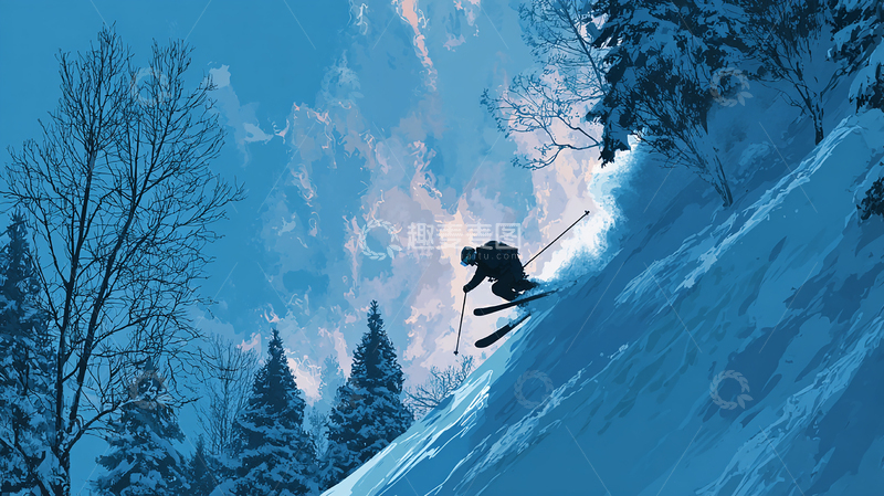 高清大图下载【趣麦麦图】蓝调滑雪运动插画设计素材