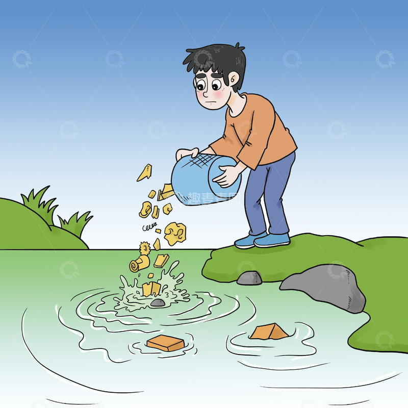 源文件下载【趣麦麦图】-男子向水中倾倒金币场景插画