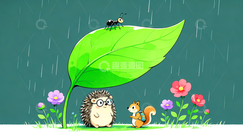 高清大图下载【趣麦麦图】-小动物的下雨天