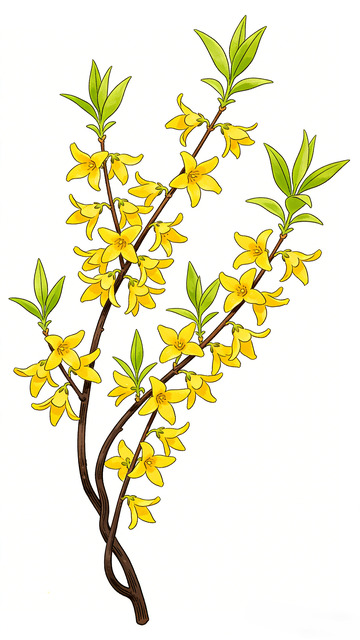 插画风格迎春花连翘枝条绘画素材