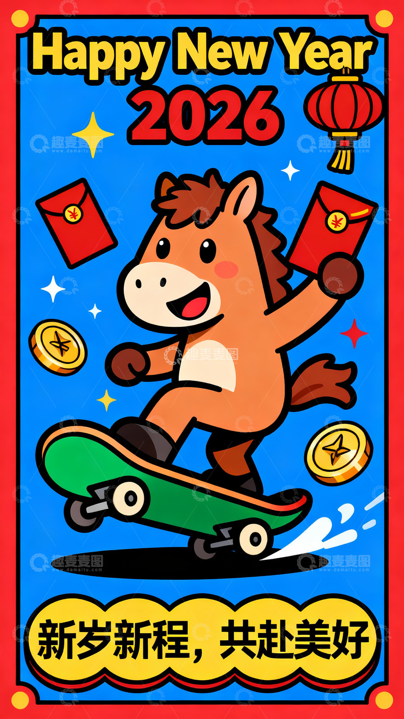 高清大图下载【趣麦麦图】2026 小马滑板载福贺新岁