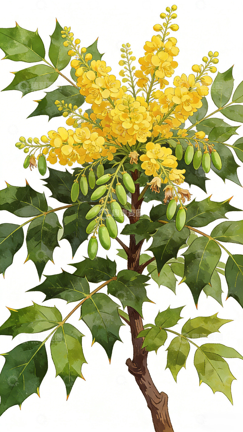 高清大图下载【趣麦麦图】水彩画黄花开连翘