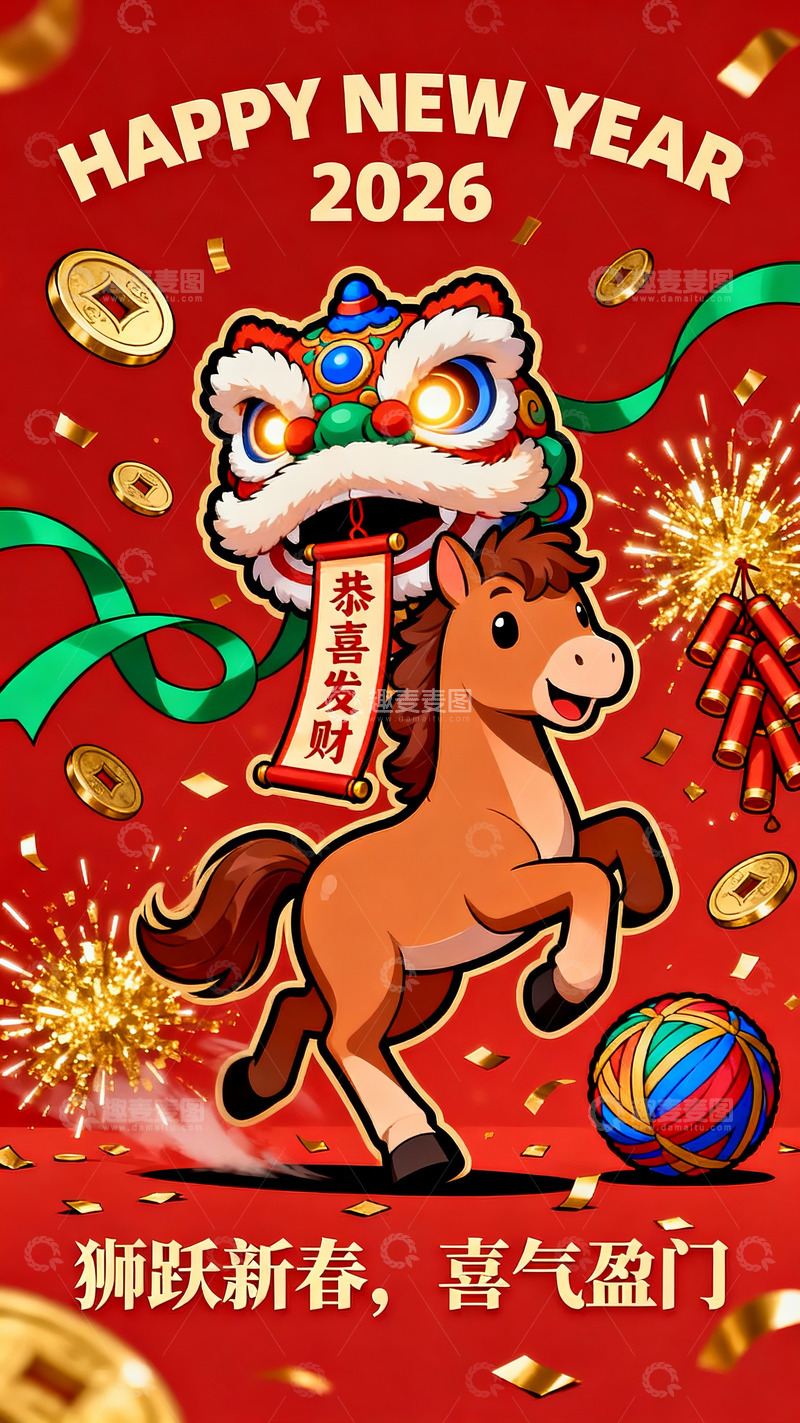 高清大图下载【趣麦麦图】-2026 狮跃马腾贺新禧