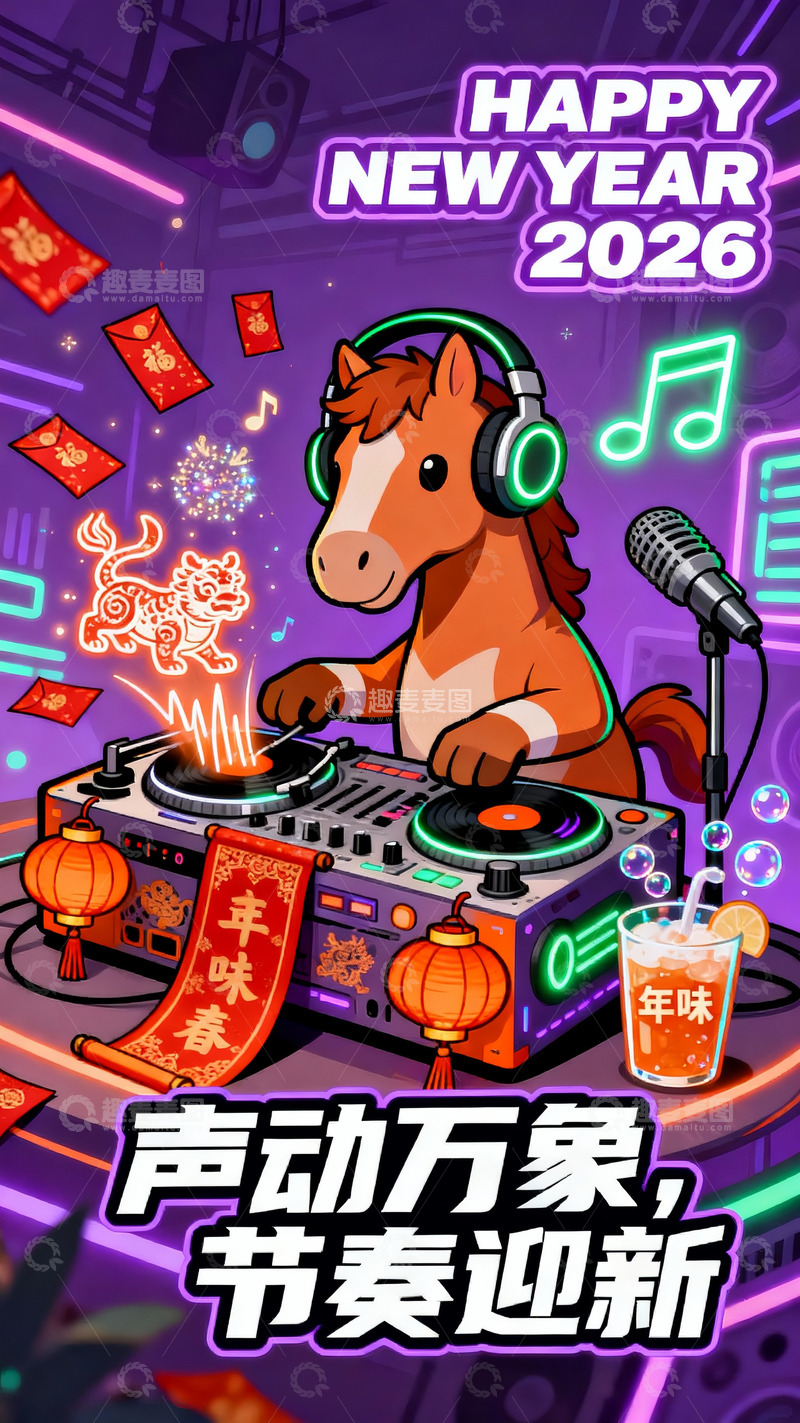 高清大图下载【趣麦麦图】2026DJ 小马燃动新年派对