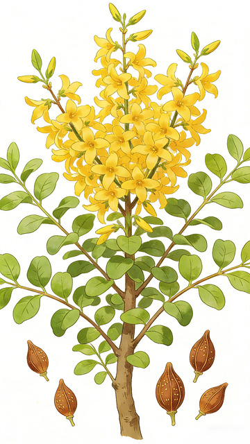 手绘黄色花朵树木连翘插画