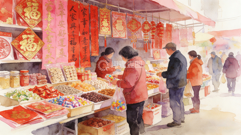 高清大图下载【趣麦麦图】买年货插画图