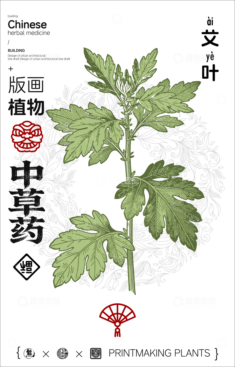 源文件下载【趣麦麦图】艾叶中草药线稿版画海报