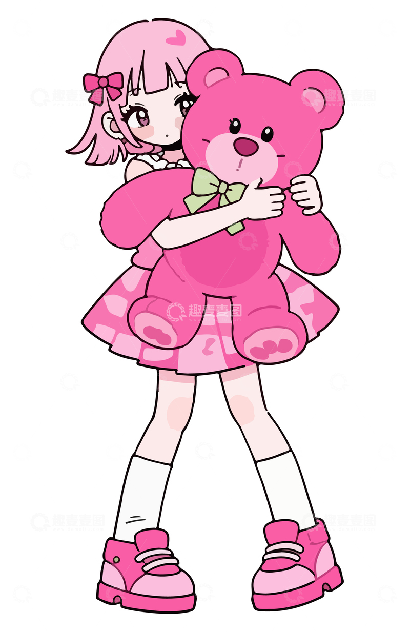 源文件下载【趣麦麦图】可爱粉嫩女孩抱熊卡通插画