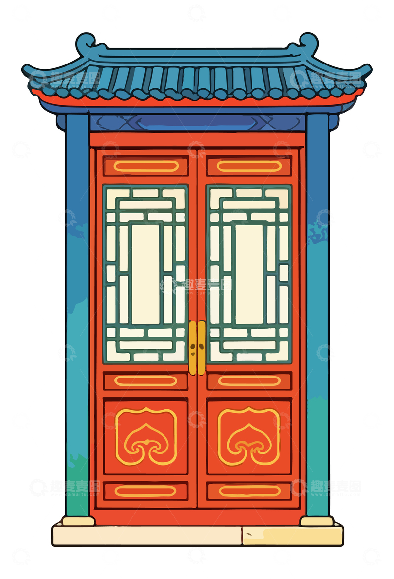 源文件下载【趣麦麦图】传统中式门楼彩绘插画