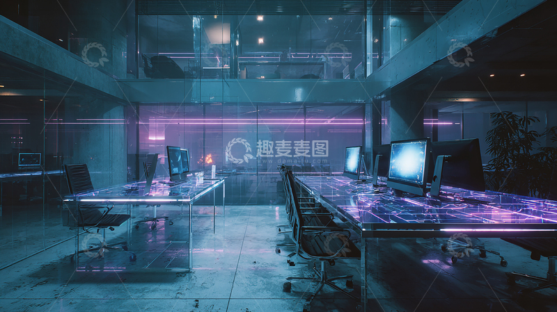 高清大图下载【趣麦麦图】科幻风办公室夜景设计素材