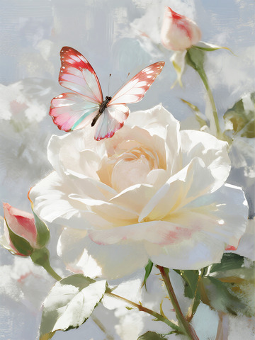 水彩白玫瑰蝴蝶装饰画