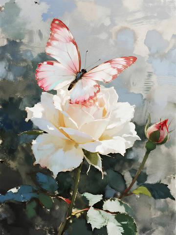 油画风蝴蝶白玫瑰艺术装饰画