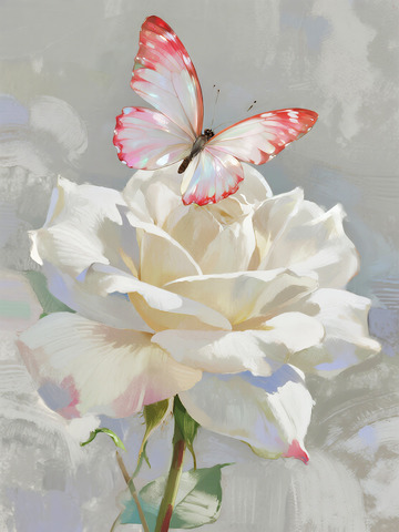 油画风白玫瑰蝴蝶艺术画作
