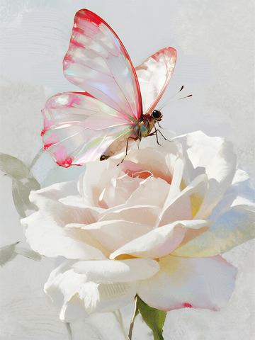 透明蝴蝶白玫瑰艺术插画