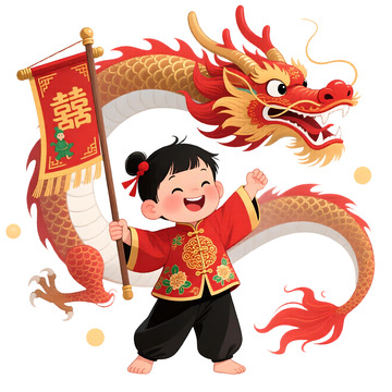卡通春节舞龙女孩儿童新年插画