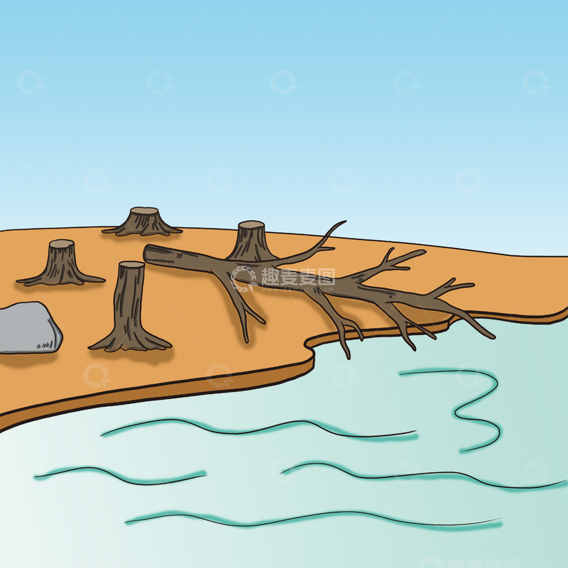 源文件下载【趣麦麦图】河边砍伐后的荒芜景象插画