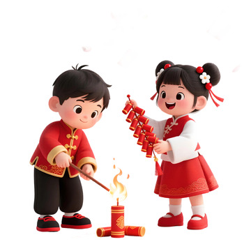 卡通春节放鞭炮儿童插画场景素材