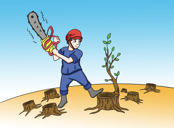工人持电锯砍伐小树苗插画
