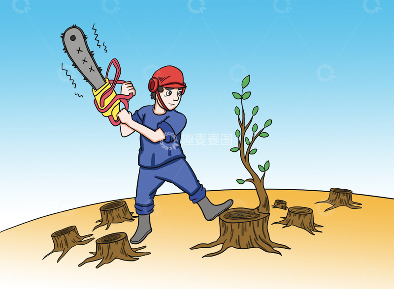 源文件下载【趣麦麦图】工人持电锯砍伐小树苗插画