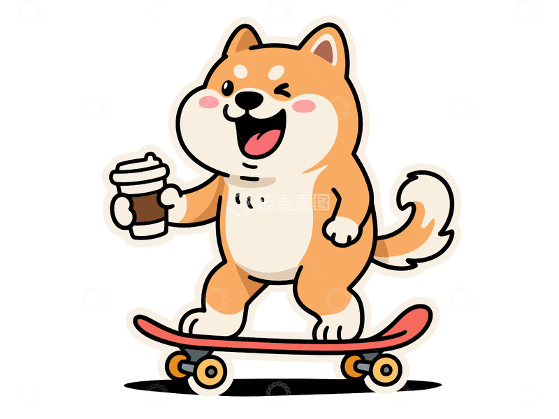 源文件下载【趣麦麦图】卡通柴犬滑板咖啡插画动物元素