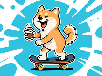 卡通柴犬滑板咖啡插画