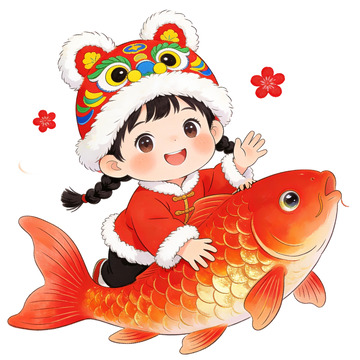 卡通新年女孩锦鲤插画春节元素