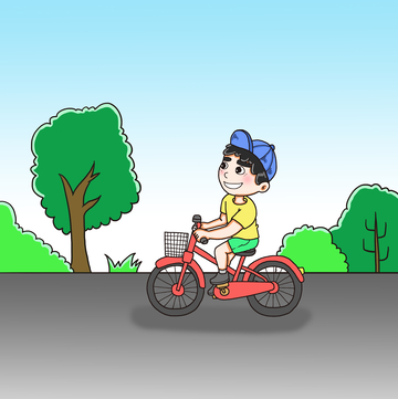 男孩快乐骑行于绿树间插画