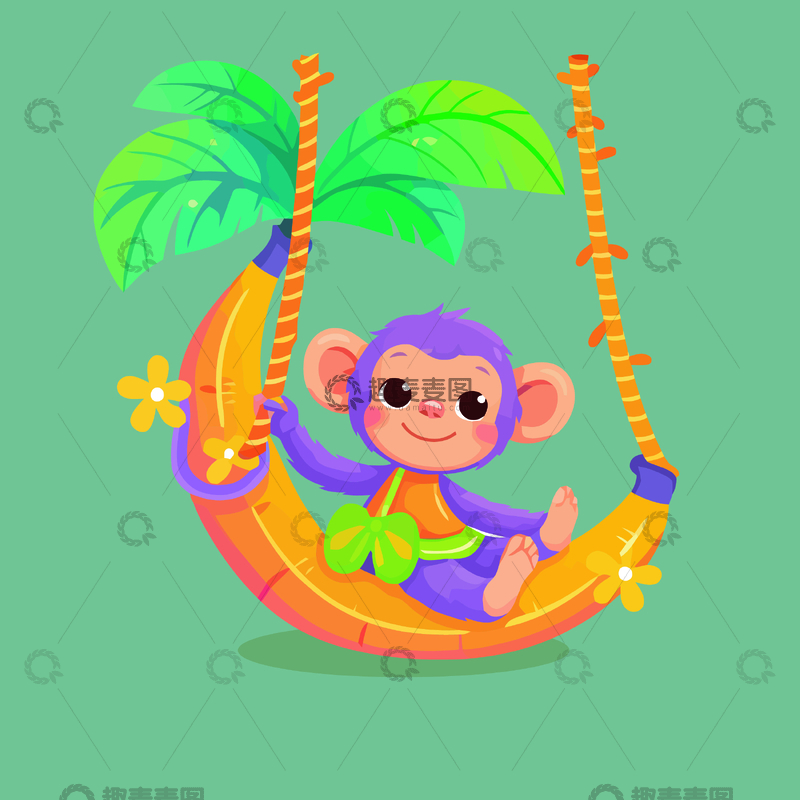源文件下载【趣麦麦图】热带风情猴子吊床卡通插画