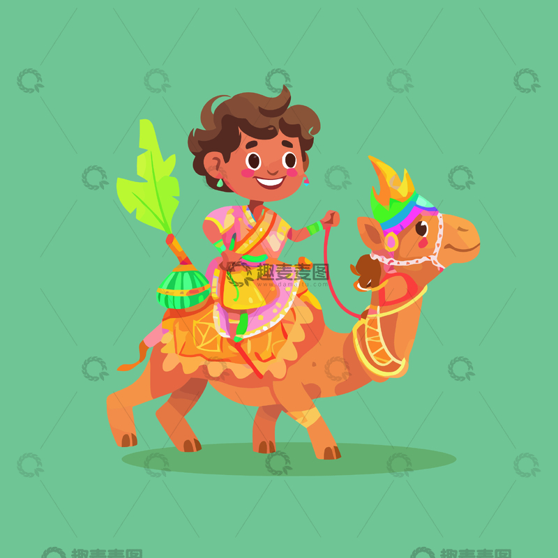 源文件下载【趣麦麦图】卡通印度节日骑骆驼女孩