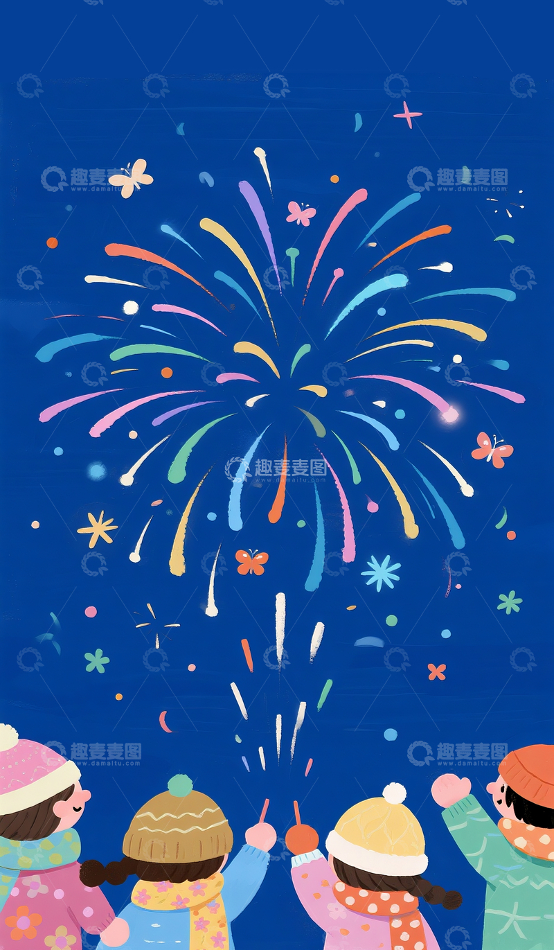 源文件下载【趣麦麦图】卡通风格小孩看烟火场景1