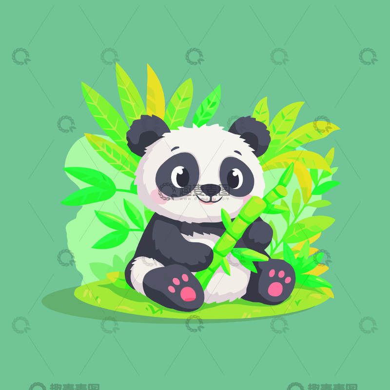 源文件下载【趣麦麦图】可爱卡通熊猫吃竹子插画