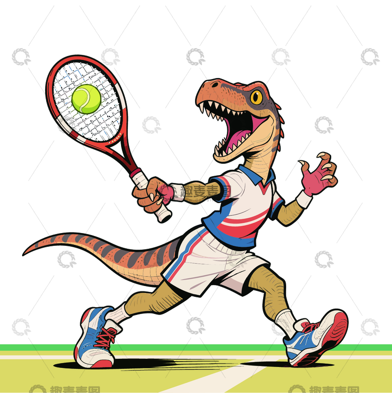 源文件下载【趣麦麦图】卡通恐龙打网球插画