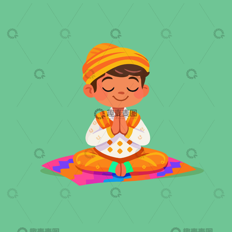 源文件下载【趣麦麦图】卡通风印度小男孩祈祷插画