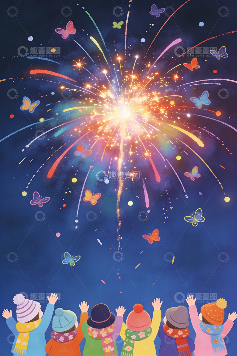 源文件下载【趣麦麦图】卡通风格小孩看烟火场景8