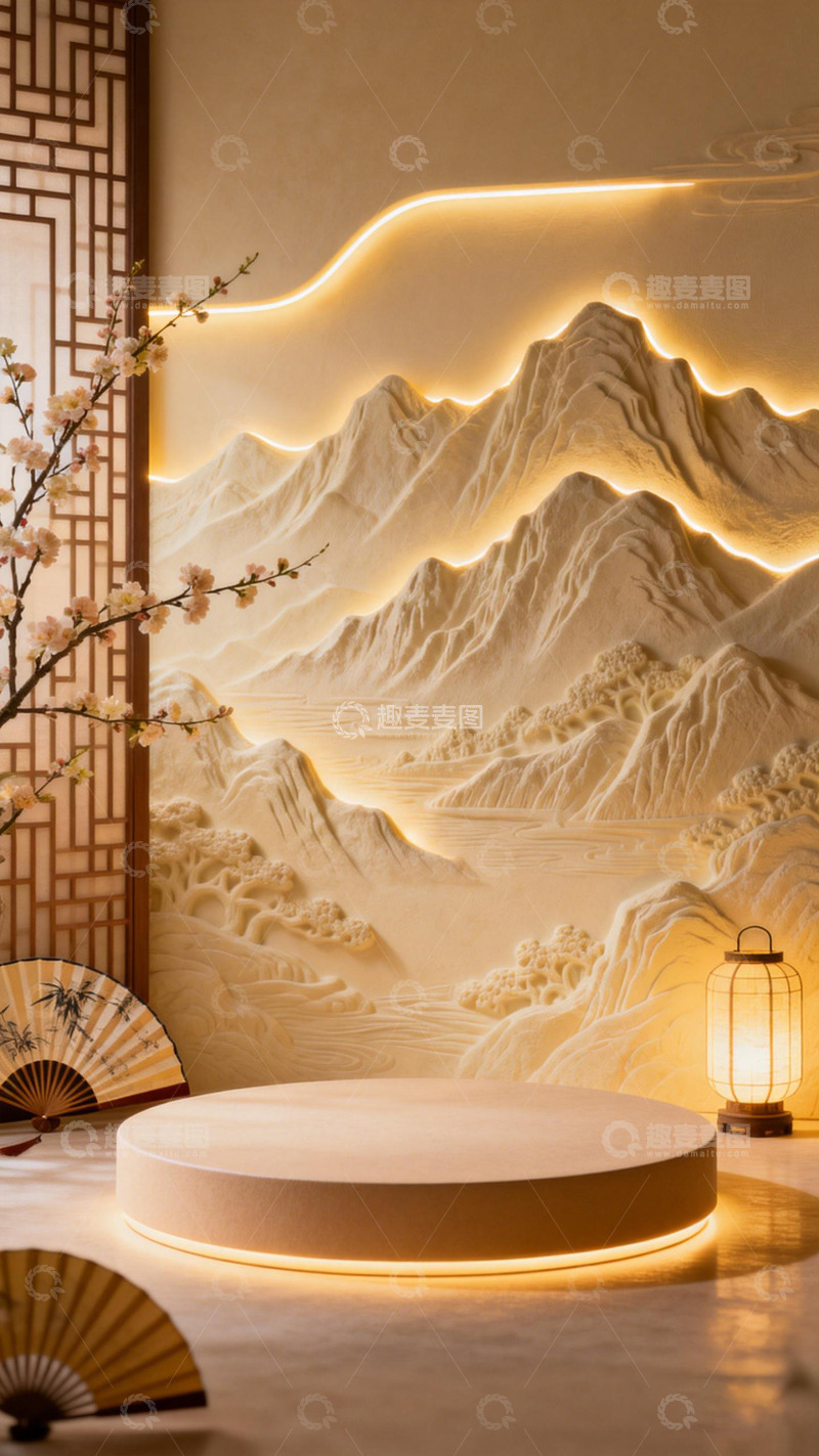 高清大图下载【趣麦麦图】东方美学山水浮雕展示台设计