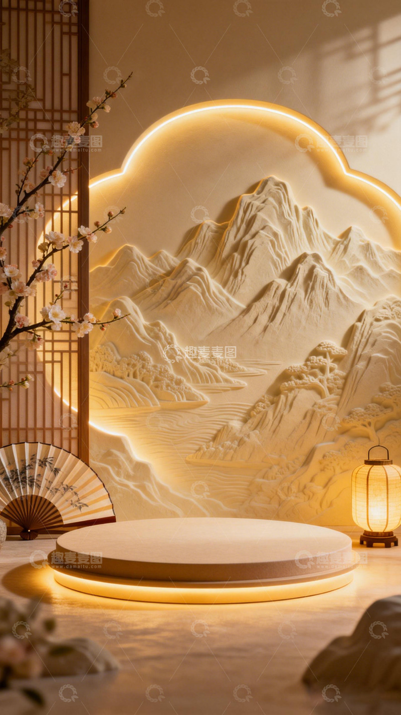 高清大图下载【趣麦麦图】中式山水场景展示台设计