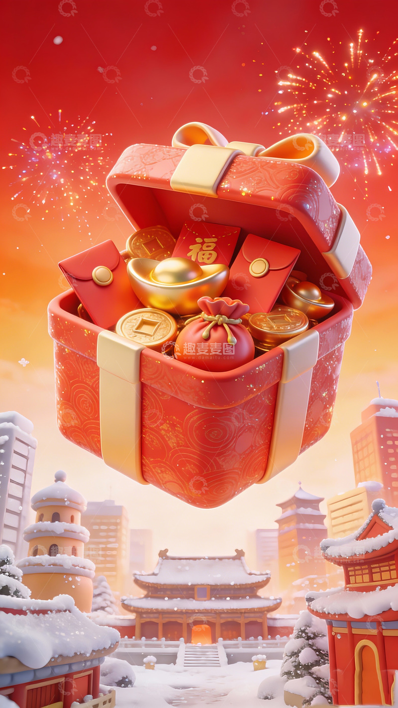 高清大图下载【趣麦麦图】春节礼盒红包金币雪景图