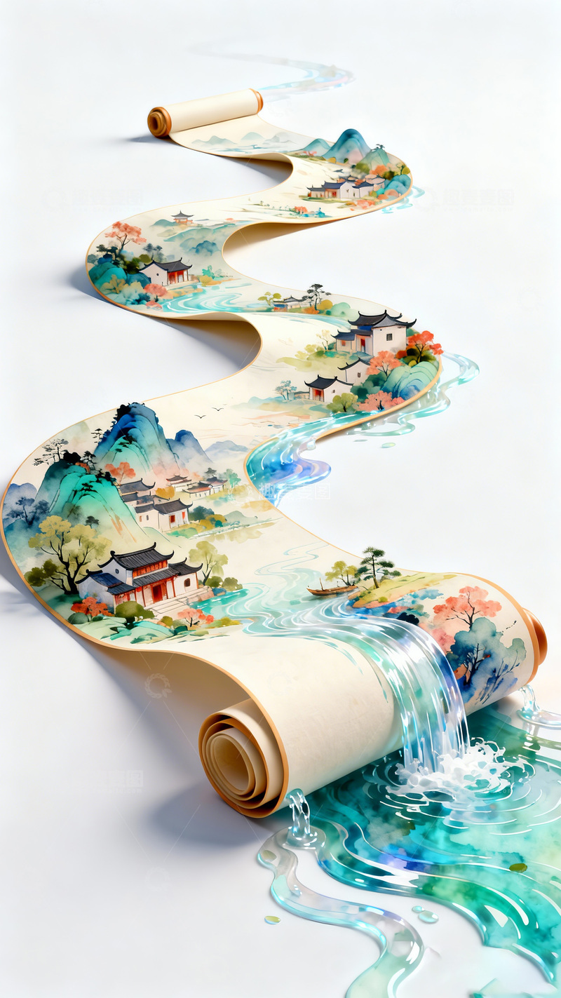 高清大图下载【趣麦麦图】水墨山水画卷艺术装饰