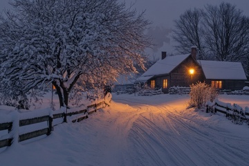 冬季落雪的乡村小屋