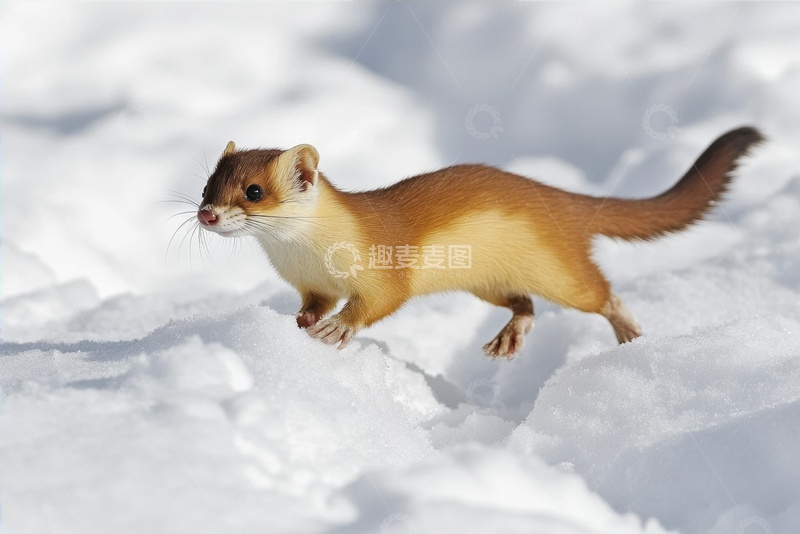高清大图下载【趣麦麦图】雪地上的一只黄貂