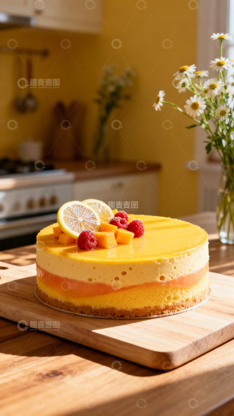 高清大图下载【趣麦麦图】明亮厨房芒果蛋糕美食摄影