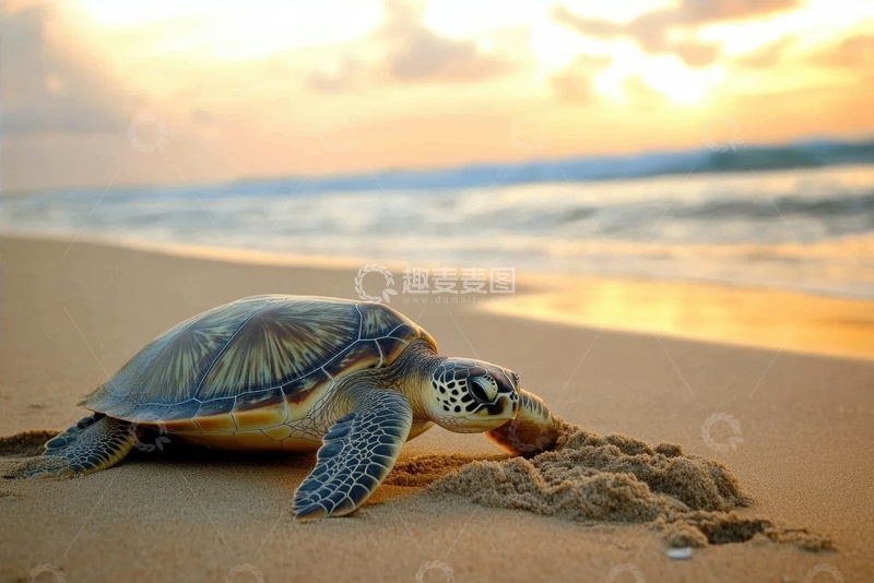 高清大图下载【趣麦麦图】沙滩上爬行的乌龟